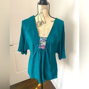 Y2K Vintage JOIE Silk Bohemian boho Teal Floral Women’s Blouse size small